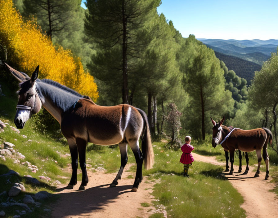 Toddler in red outfit with donkeys on forest trail