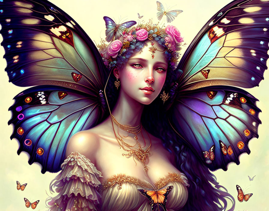 Fantasy female figure with vibrant butterfly wings and floral crown