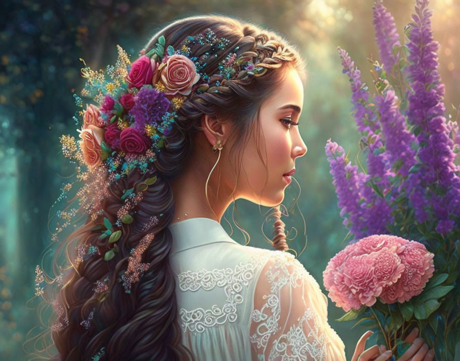 Woman with Braided Flower Hairstyle Surrounded by Colorful Blooms