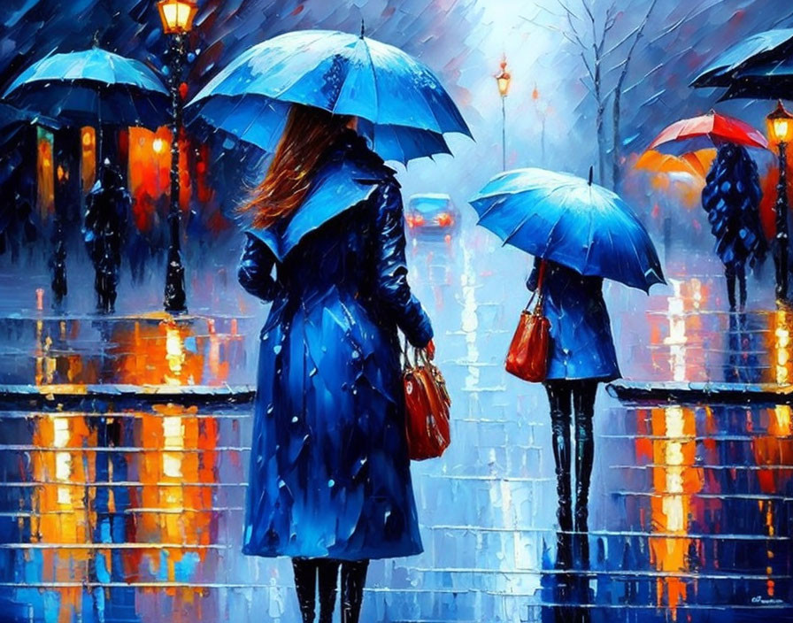 Rainy city street painting with people holding blue umbrellas