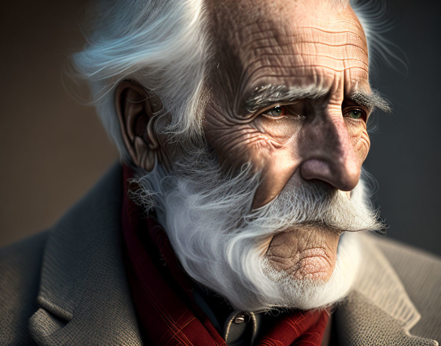 Elderly man portrait with white beard, deep wrinkles, red scarf