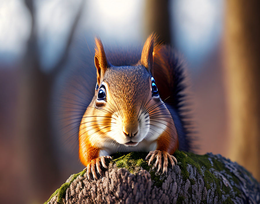 Curious squirrel peeking over mossy log in sunlit forest