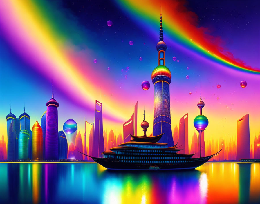 Futuristic city skyline with neon colors and aurora.