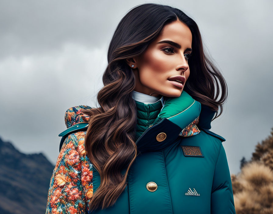 Long-Haired Woman in Quilted Jacket Against Mountainous Background