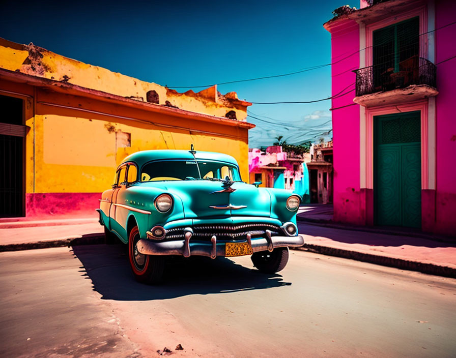 Vintage turquoise car parked in front of colorful buildings on vibrant street