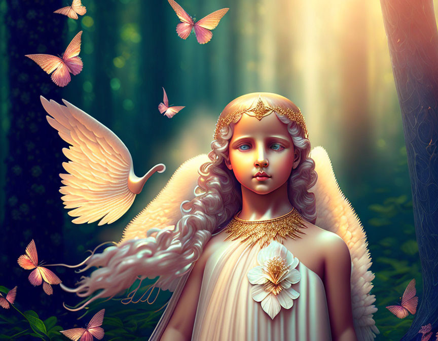 Golden-haired angel with halo in forest surrounded by light and butterflies