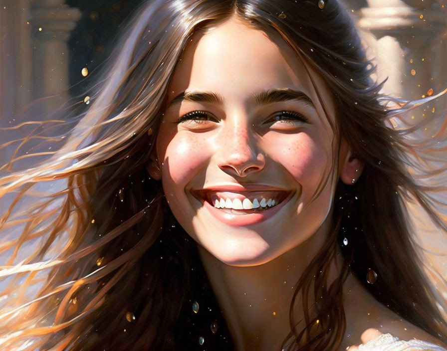 Young woman digital illustration: bright smile, long hair, warm sunlight ambiance.