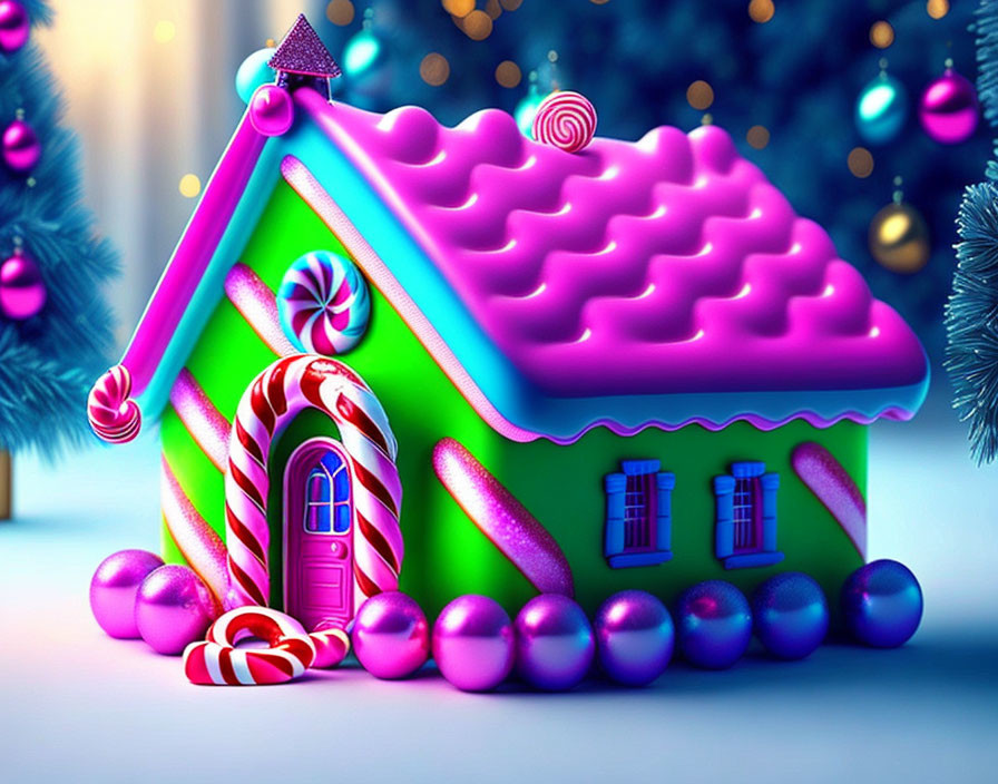 Colorful gingerbread house with candy canes and gumdrops in wintery setting