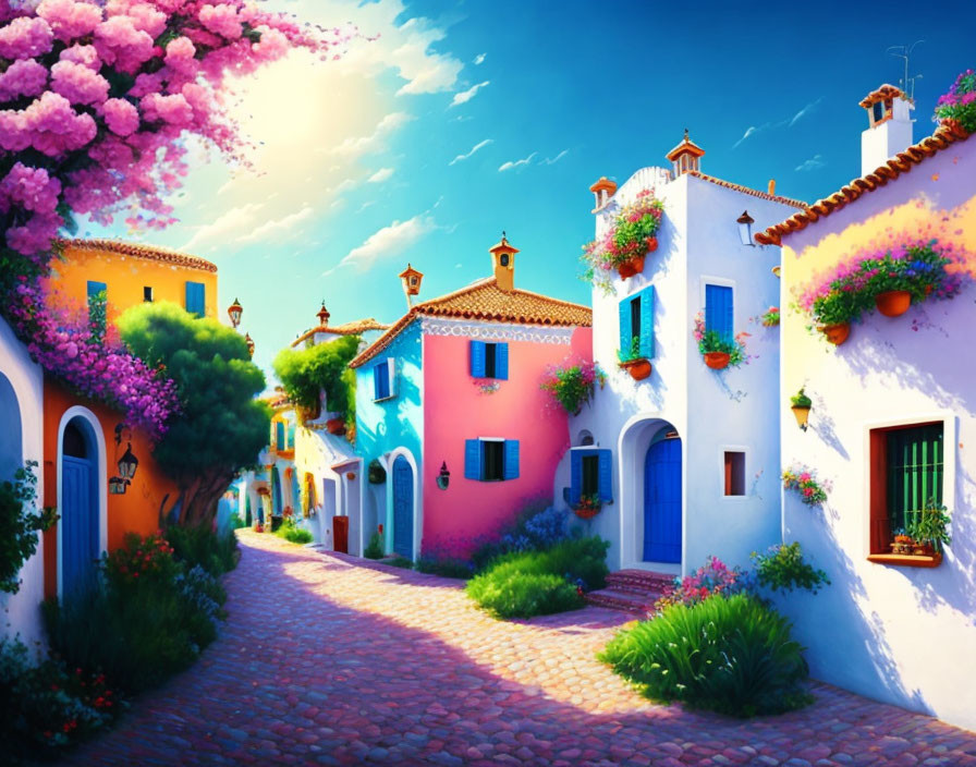 Colorful Traditional Houses on Vibrant Street Under Blue Sky