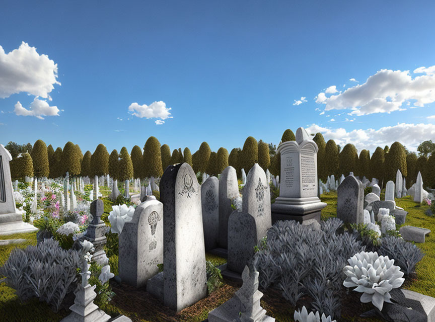 Tranquil cemetery scene with tombstones, monuments, and greenery