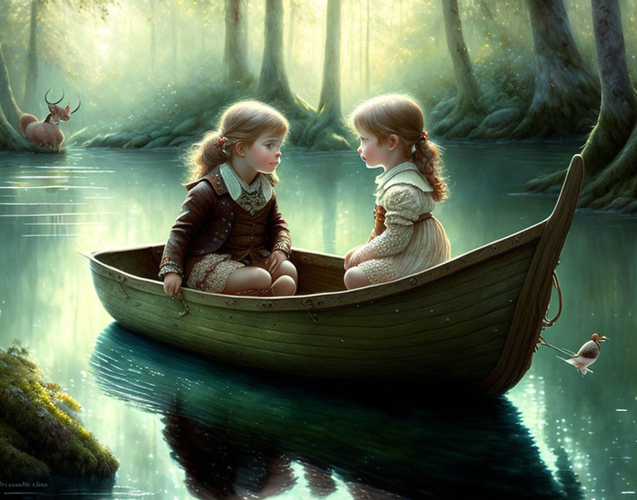 Children in boat surrounded by deer and bird in mystical forest with surreal lighting