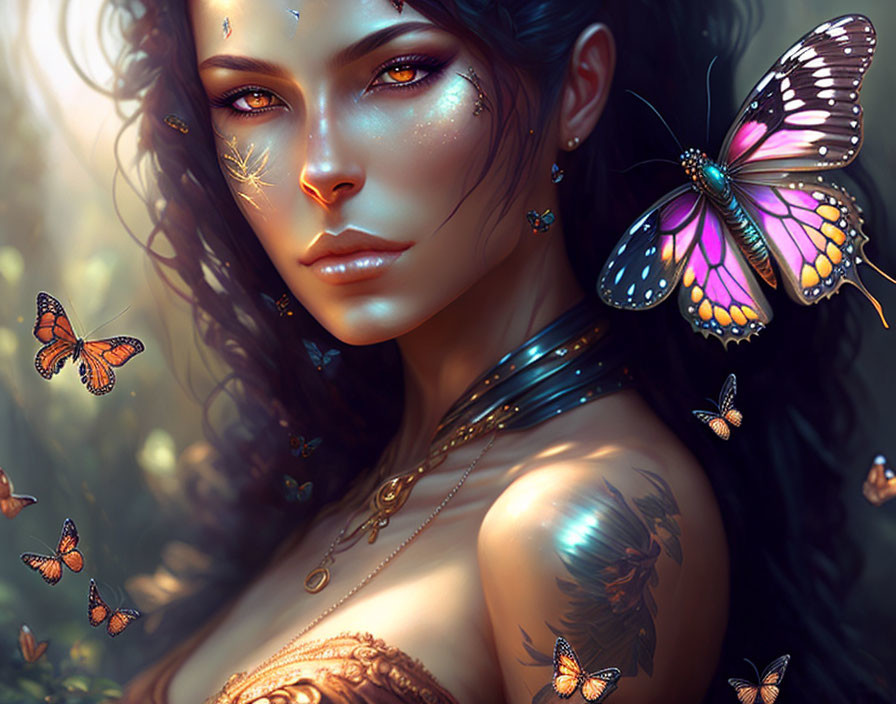 Colorful butterflies surround woman in nature-inspired digital art