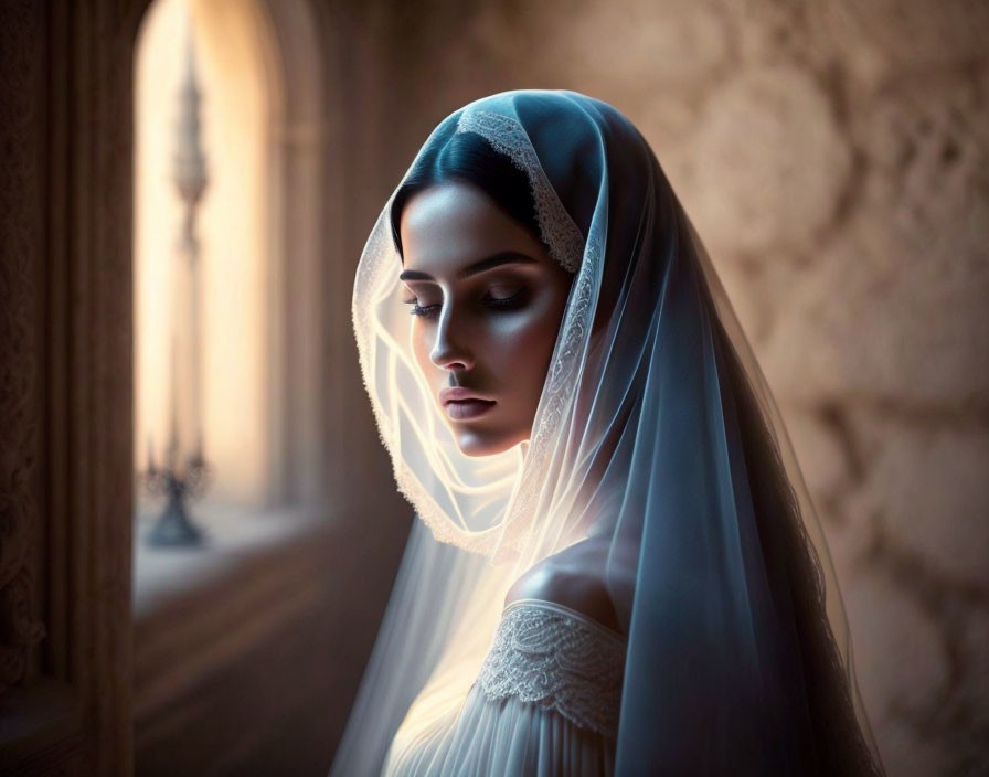 Serene woman in delicate veil by window in warm light