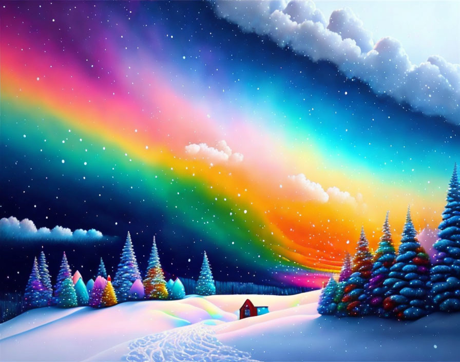 Winter landscape with colorful sky, rainbow, snow-covered trees, cabin, and snowflakes