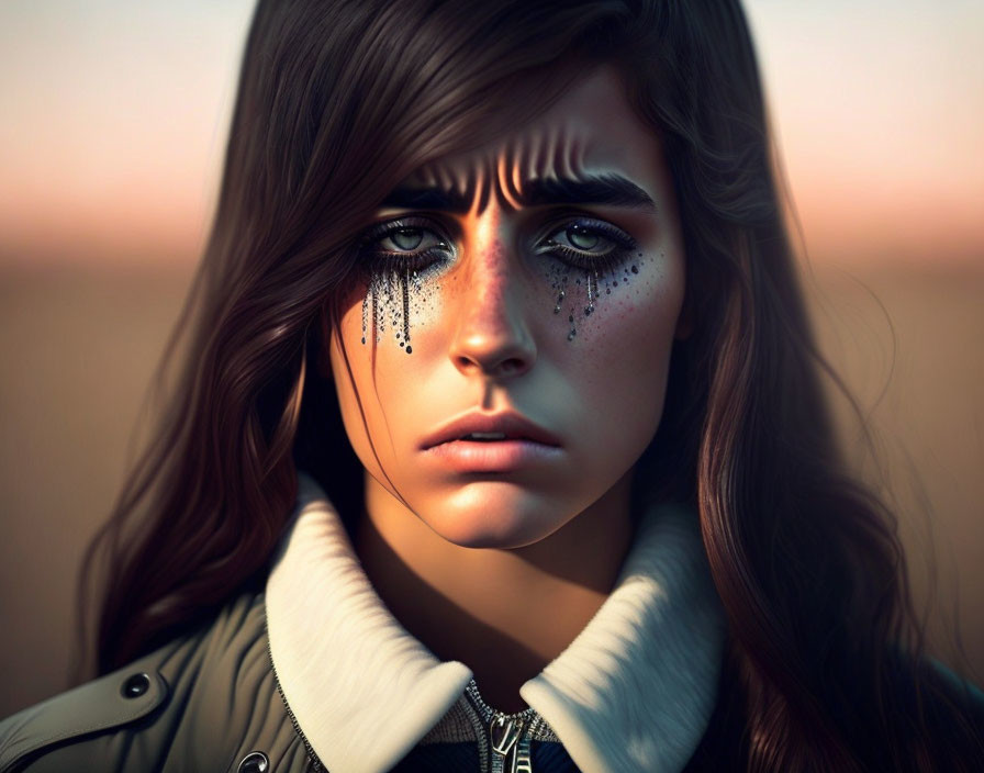 Woman with teary eyes and glittering makeup in digital portrait