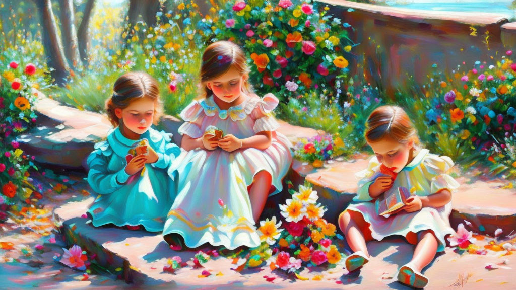 Vintage Dresses: Three Girls Reading Books in Sunny Garden