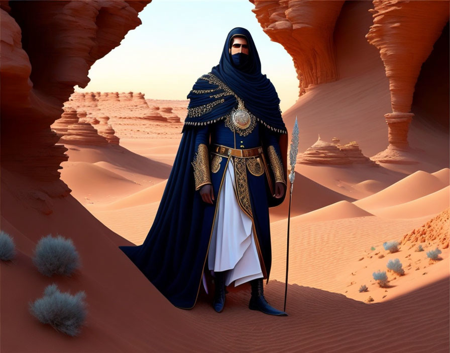 Person in Blue and Gold Desert Outfit with Spear in Sandy Landscape