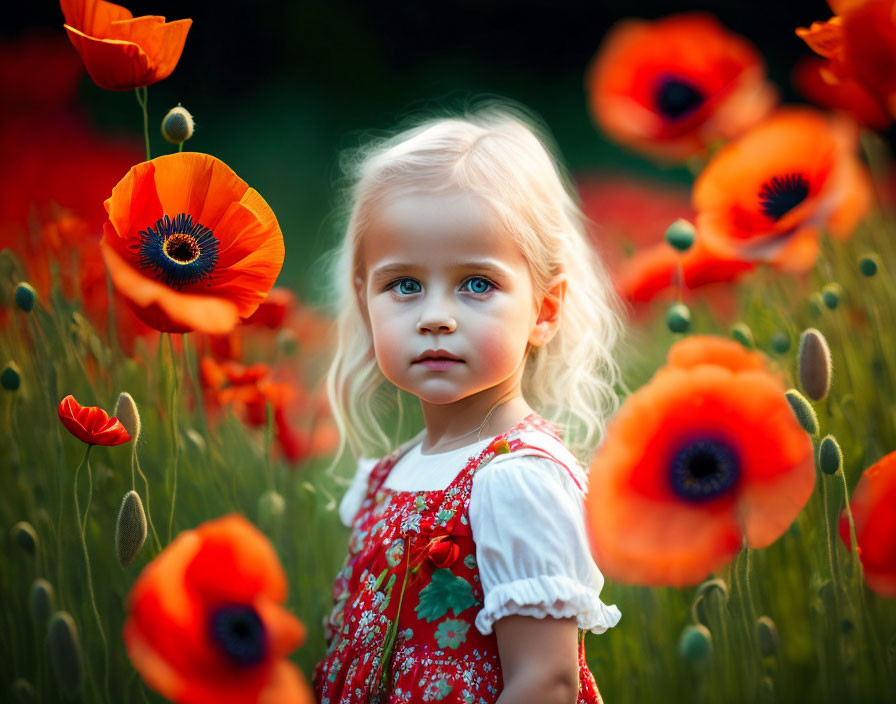 Blonde girl in red poppy field with blue eyes