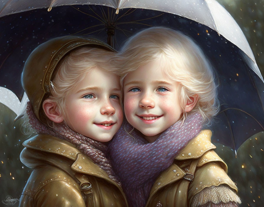 Blond-Haired Children Sharing Scarf Under Snowfall