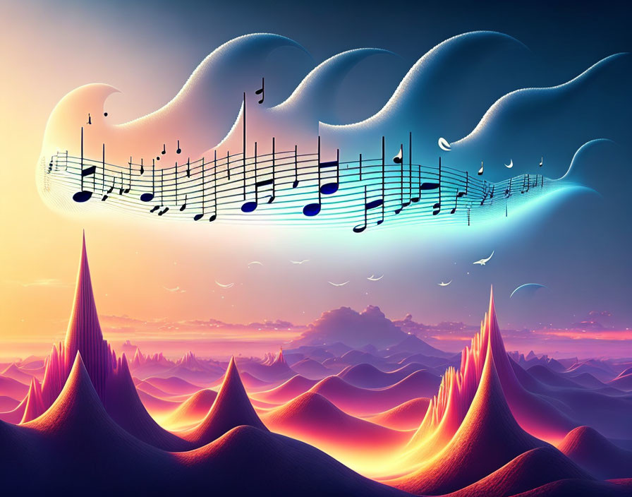 Surreal landscape with orange hills and musical notes under twilight sky