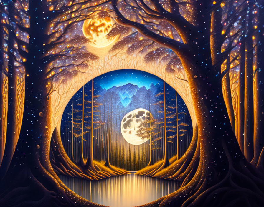 Fantastical landscape with two moons, serene lake, mountains, and glowing trees