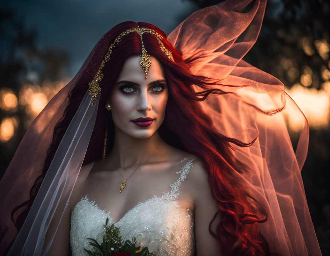 Woman with Red Hair and Blue Eyes in Bridal Gown and Red Veil on Dusky