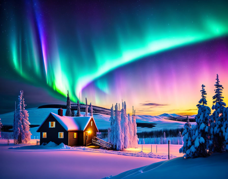 Colorful Aurora Borealis Over Snowy Landscape