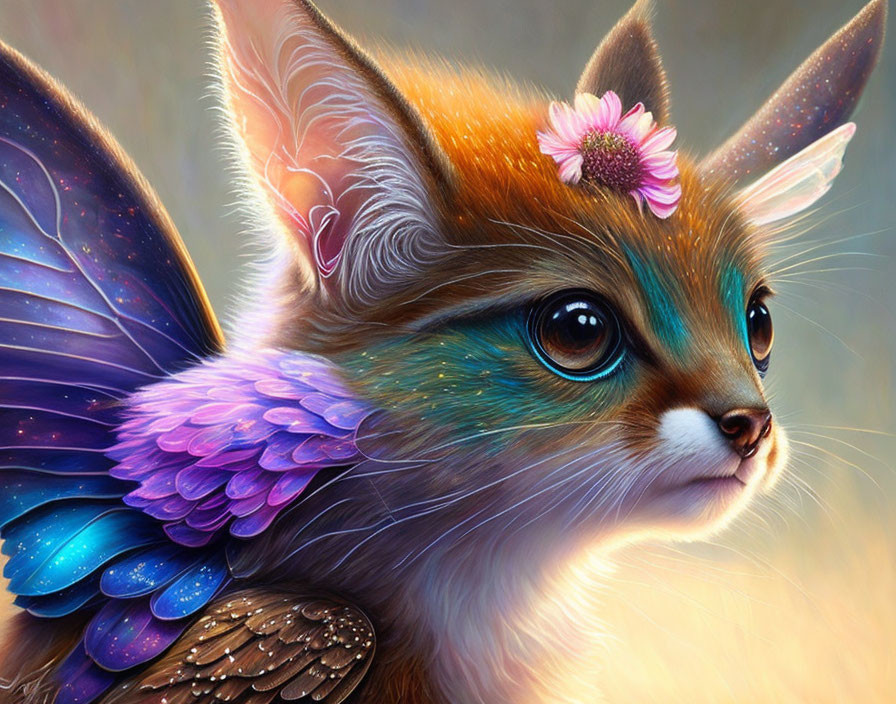 Mythical creature with fox head, feathered wings, and pink flower.