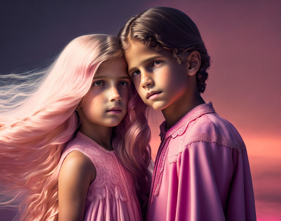 Two children with pink hair in matching pink outfits on pink and purple backdrop