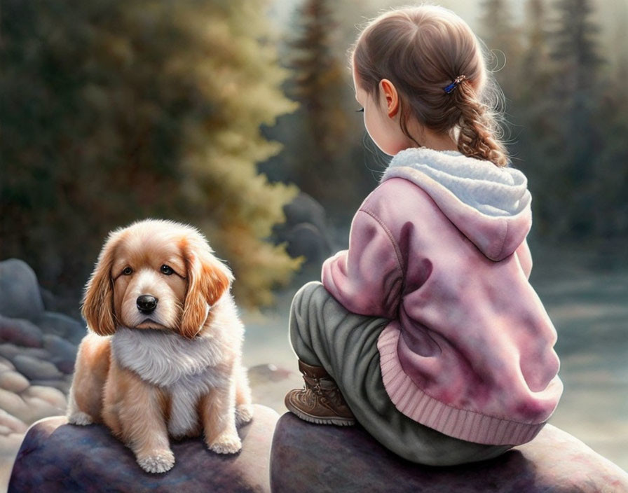 Young girl and fluffy puppy on rock in serene forest scene