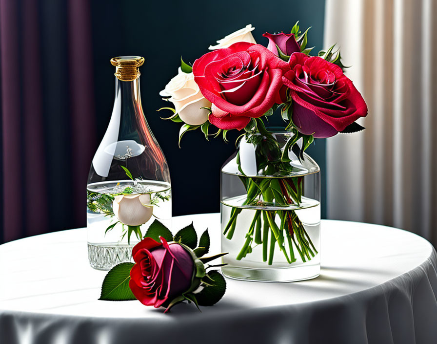 Glass bottle of water and glass vase with red and white roses on white table with dark curtain.