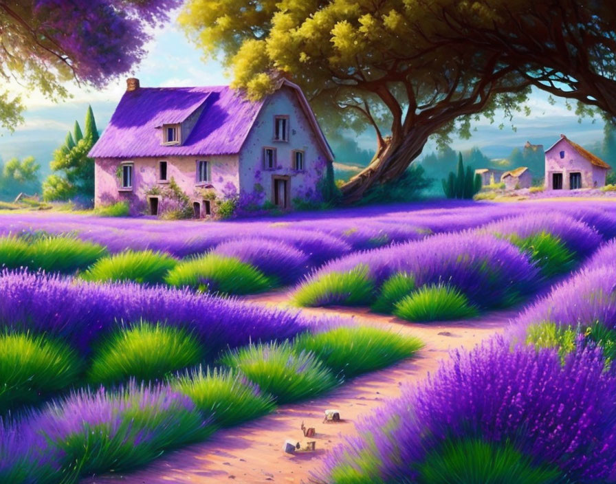 Charming cottage with lavender field and tree under clear skies