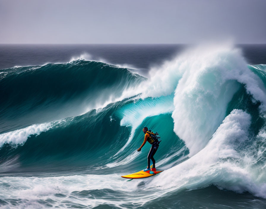 Skilled surfer riding massive ocean wave under moody skies