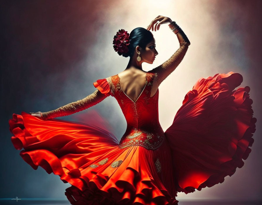 Flamenco dancer in vibrant red dress with flower in hair on moody backdrop