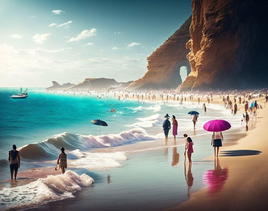 Crowded beach scene with umbrellas, ocean, and rock formation.