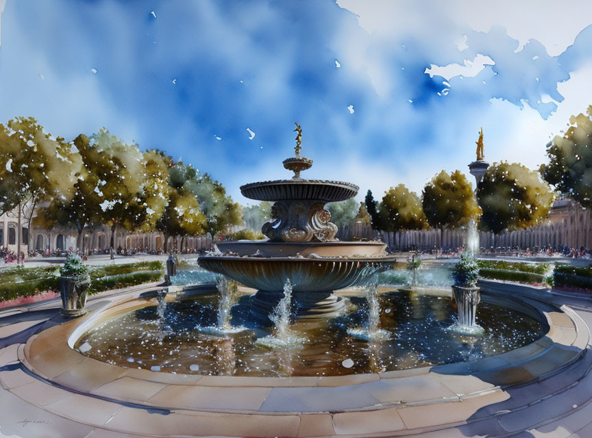 Watercolor painting of grand fountain in elegant plaza surrounded by trees under blue sky