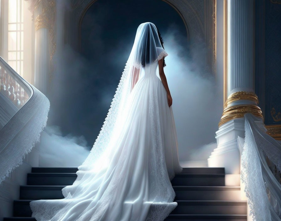 Bride in white gown and veil on grand staircase in misty luxurious interior