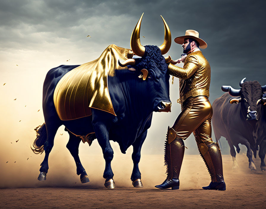 Golden-costumed matador confronts majestic bull with golden horns in stylized bullfighting scene