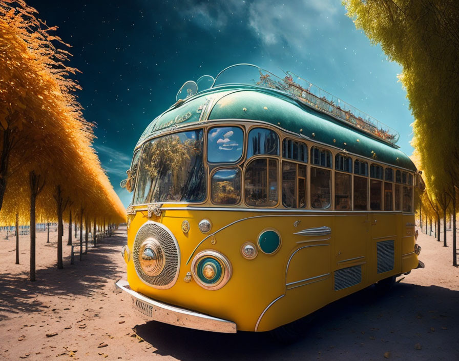 Vintage Yellow and Green Bus Parked Under Autumnal Trees