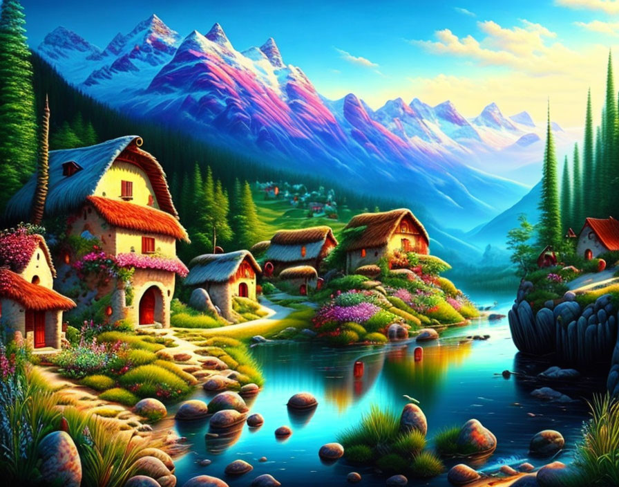 Colorful fantasy landscape with lake, houses, flora, and purple mountains