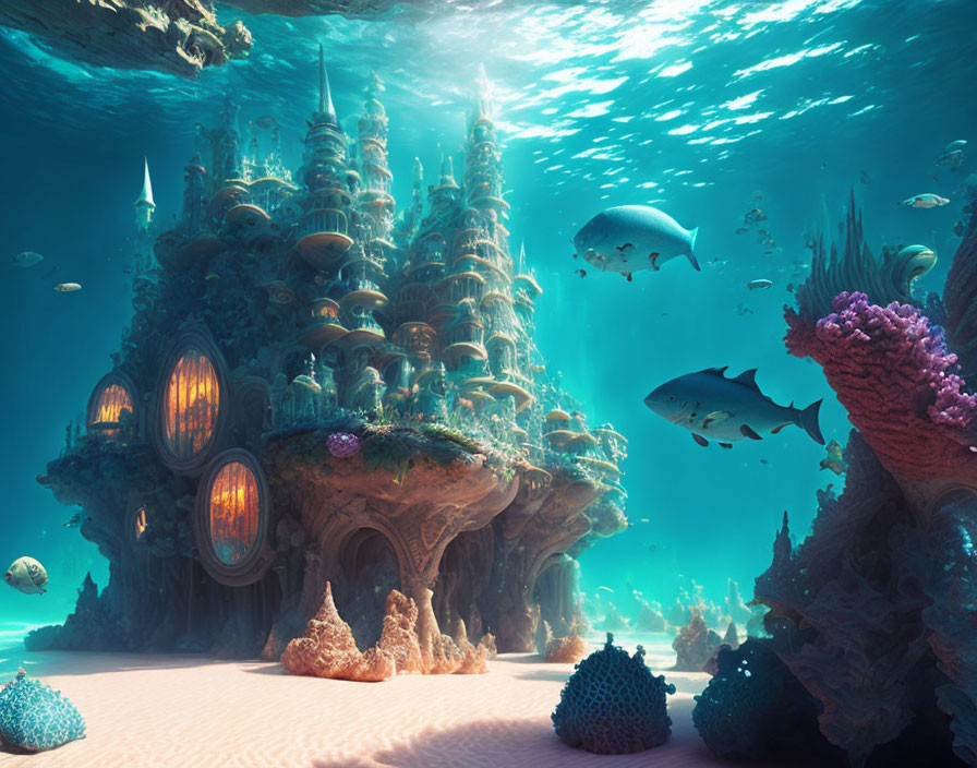 Underwater city with coral structures and illuminated towers