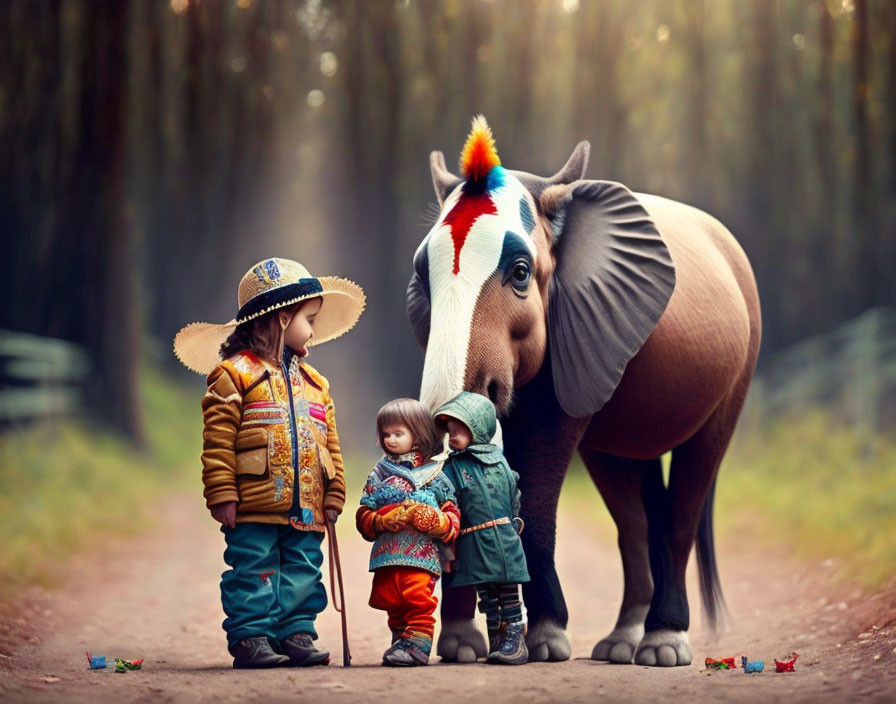 Three children and whimsical CGI horse in colorful forest setting