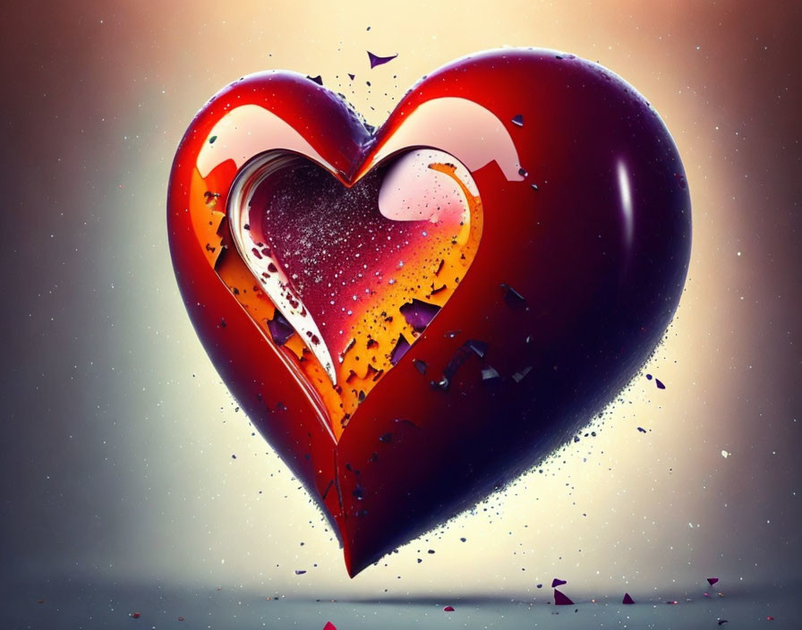 Shattered 3D heart with smaller heart on warm background