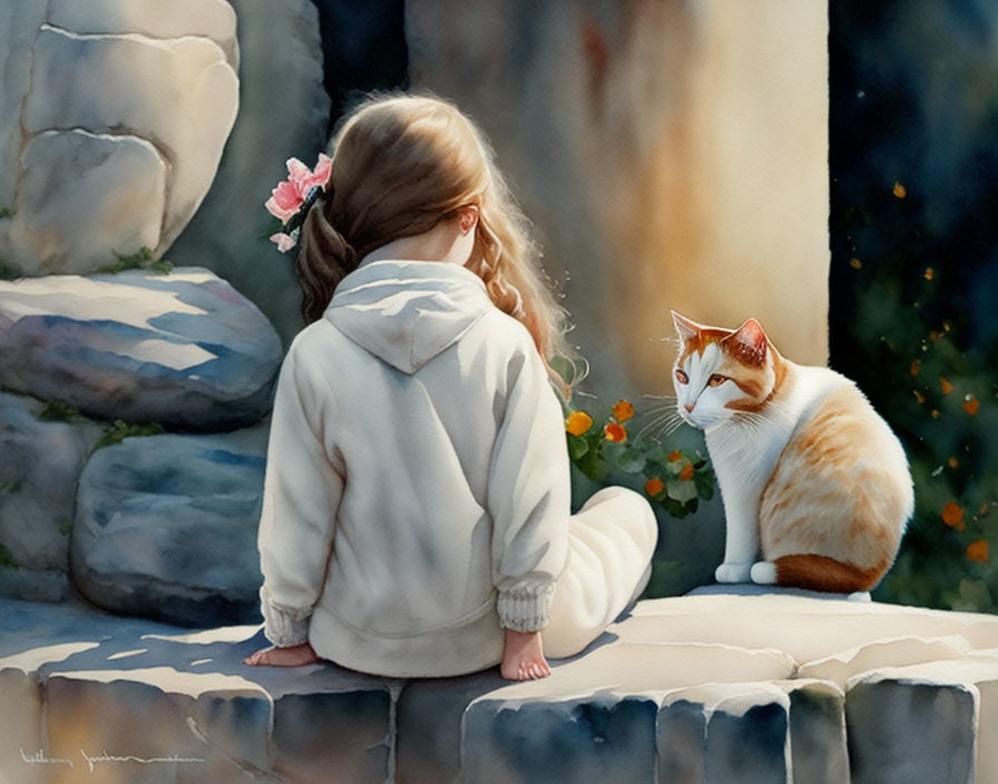 Young girl with flower in hair sitting with white and ginger cat in serene garden