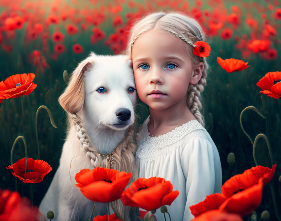 Young girl in white dress with braided hair and heterochromia white dog in red poppy