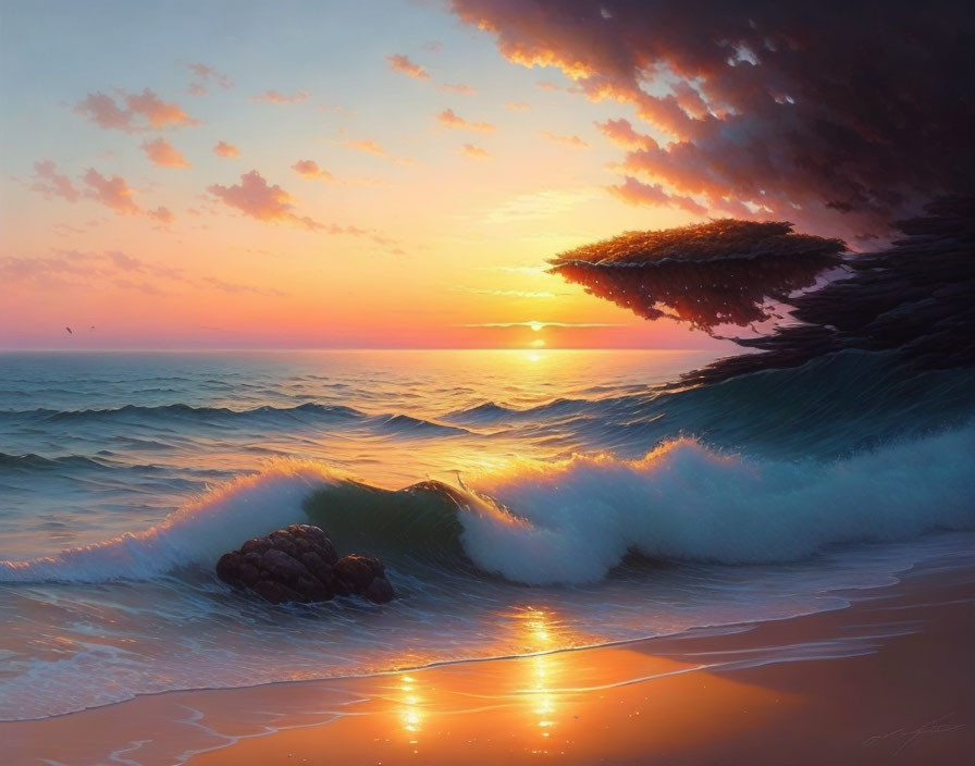 Vibrant ocean sunset with waves and colorful clouds