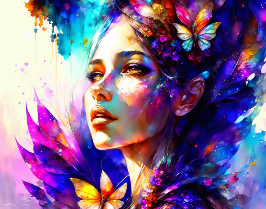 Colorful digital artwork: Woman with butterfly wings surrounded by butterflies