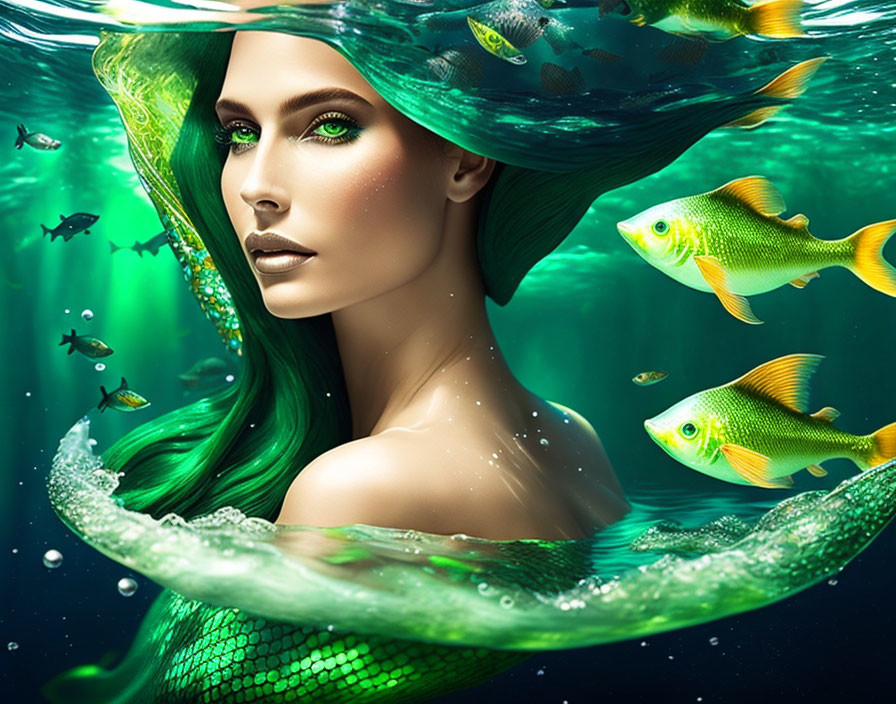 Digital artwork: Woman with green skin and hair, mermaid theme with fish and water swirls