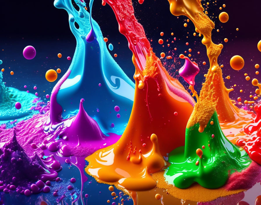 Colorful liquid splashes with suspended droplets on dark background.