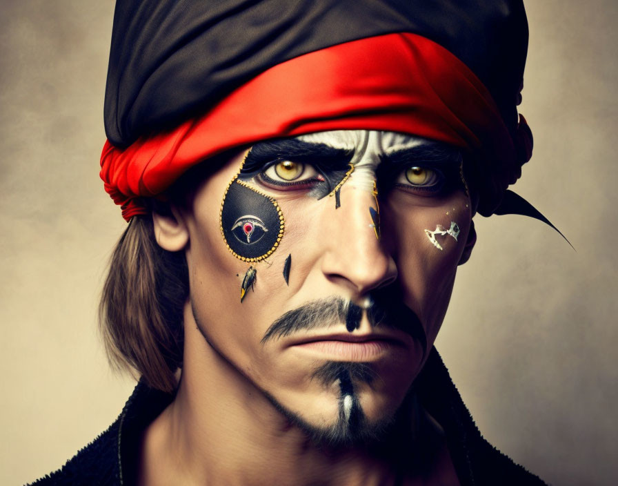 Intense-eyed man in steampunk pirate attire with clock and gears face paint